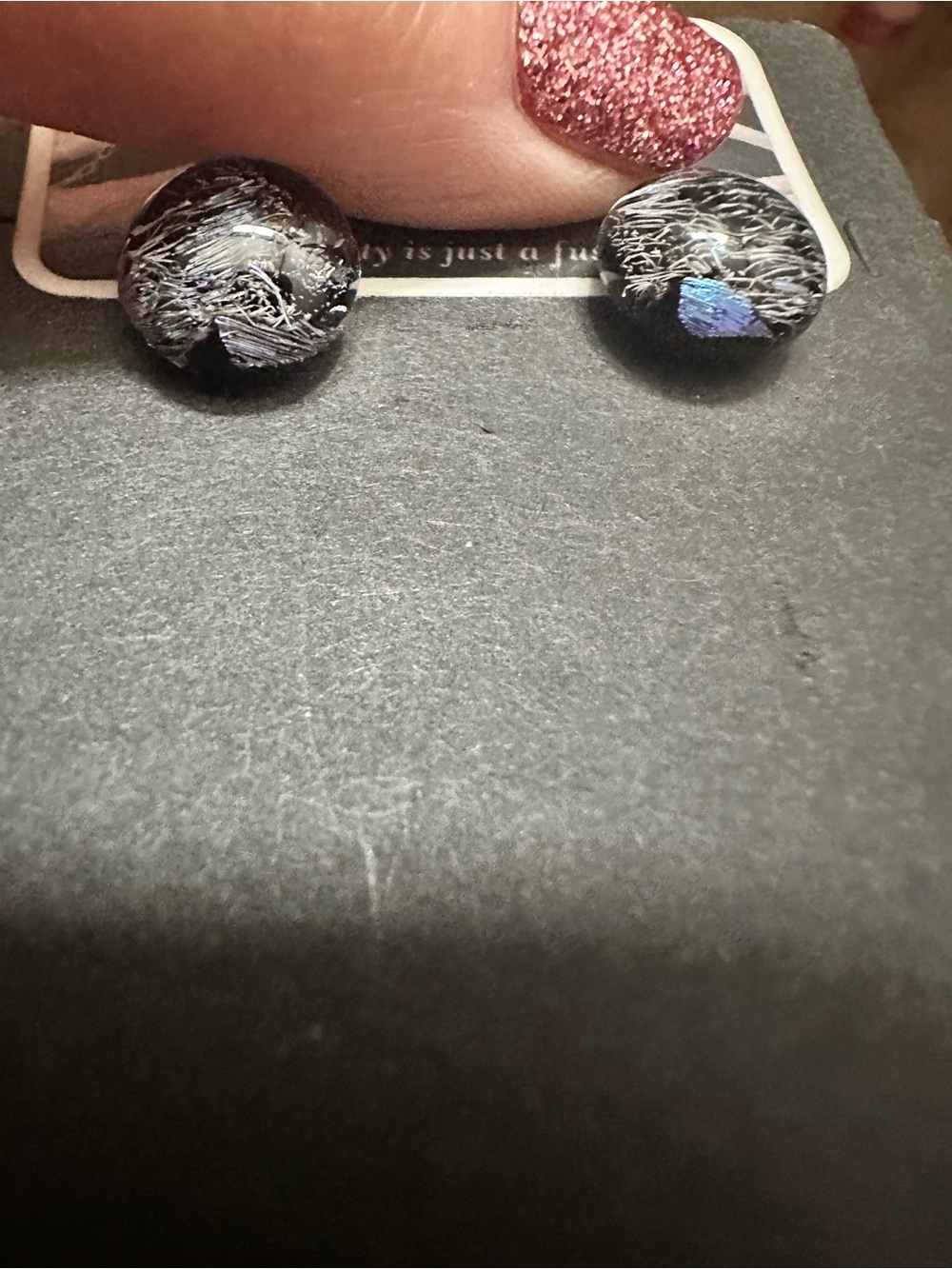 Black Glass Round Stud Earrings with Iridescent Silver Veining